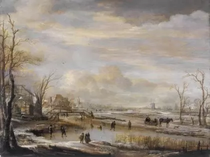 lodowisko, sanie na lodzie Aert van der Neer malarstwo